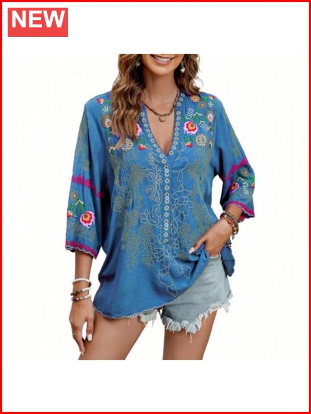 Embroidered Peasant Blouse 3/4 Sleeve V-Neck Boho Tunic